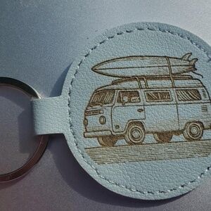 Cute blue engraved surfer van keychain